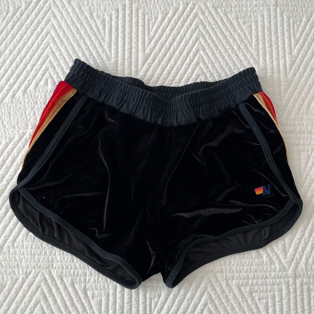 Aviator Nation Black Velvet Athletic Shorts with Red & Gold Stripe